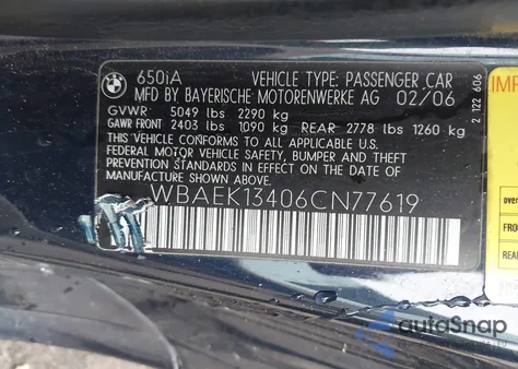 2006 BMW 650I из США, поврежденный, VIN WBAEK13406CN77619